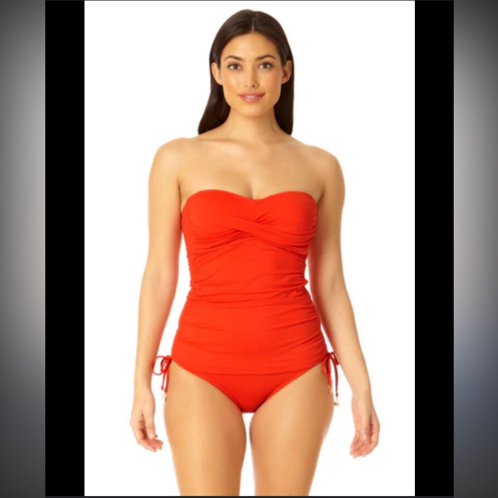 Anne Cole Twist Front Shirred One Piece Swimsuit Red/Spice Color Size 14 NWT
